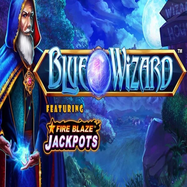 Blue Wizard Fire Blaze Jackpots logo by Rarestone Gaming Instant Casino
