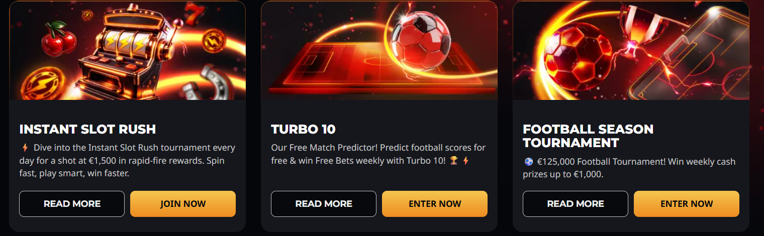Casino tournaments and promotions including Instant Slot Rush, Turbo 10 match predictor, and Football Season Tournament with weekly prizes and rewards.