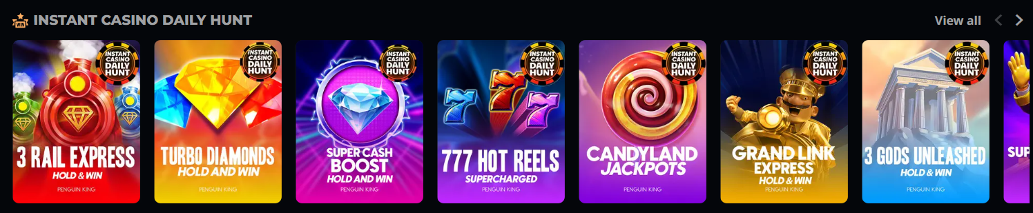 Instant Casino Daily Hunt featuring popular slots like 3 Rail Express, Turbo Diamonds, 777 Hot Reels, and Candyland Jackpots with daily rewards and jackpots.