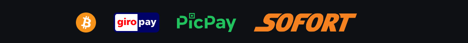 Casino payment methods banner featuring Bitcoin, giropay, PicPay, and Sofort for fast and secure online payments.